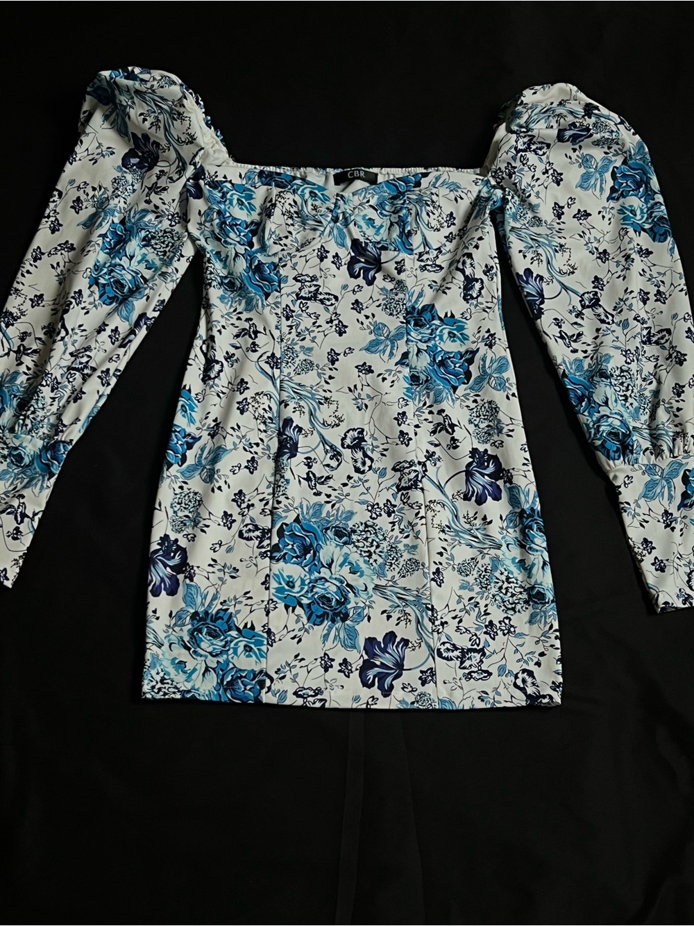 CBR White Mini Dress with Blue Floral Print and Puff Long Sleeves